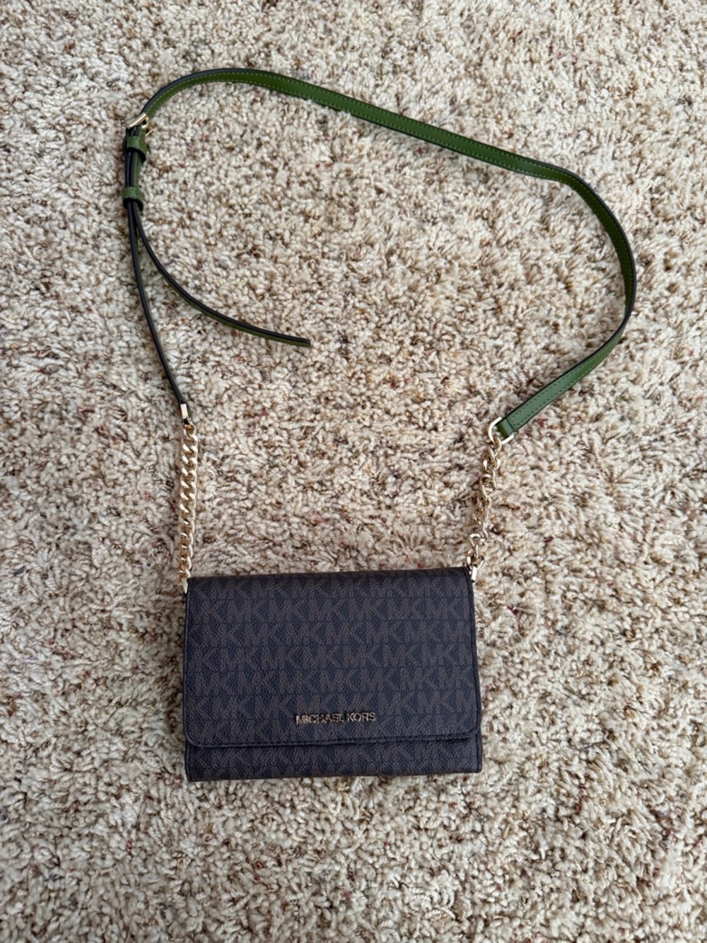 Michael Kors Brown Logo Crossbody with Green Strap and Gold Chain